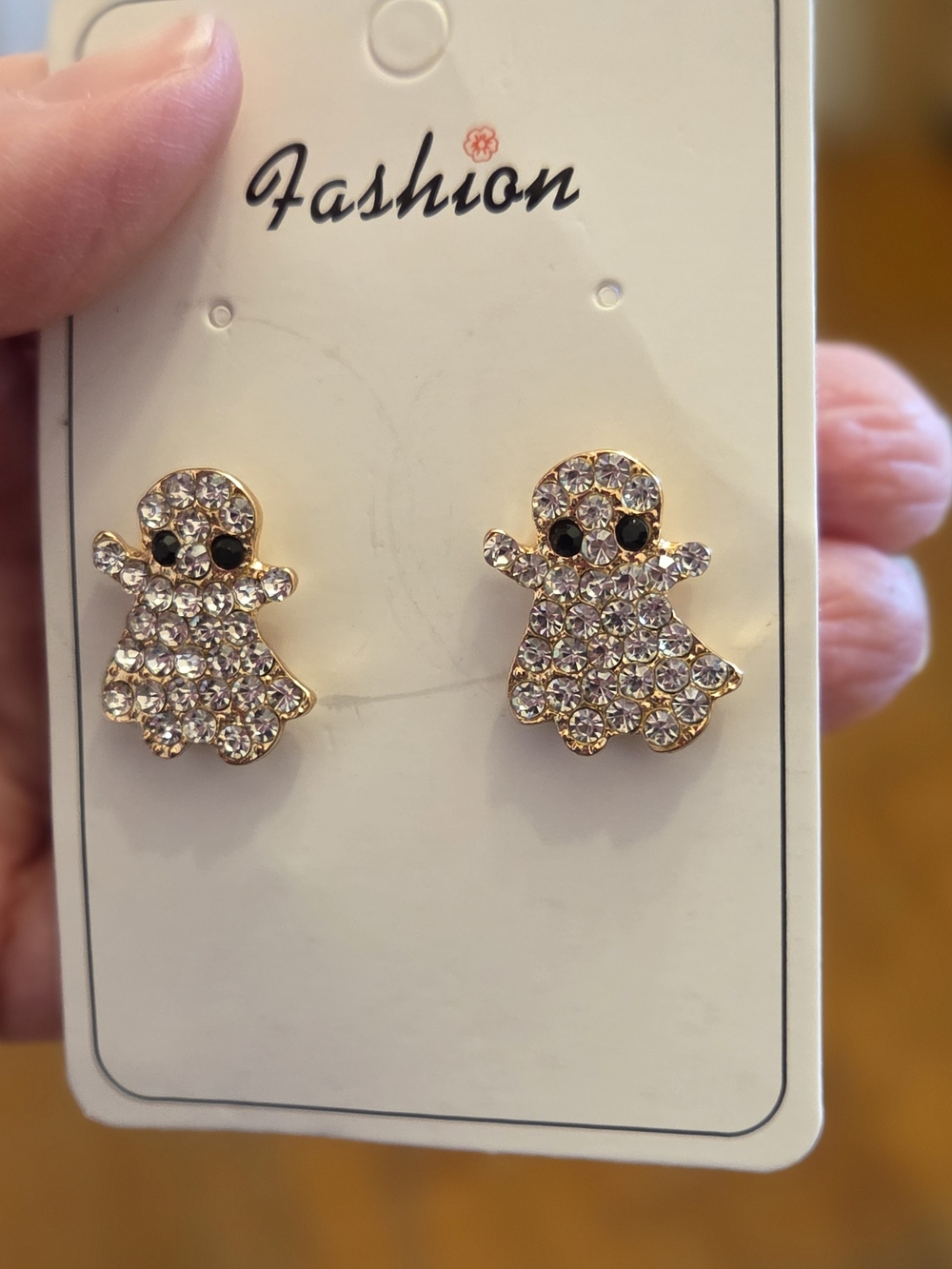 Gold-Tone Crystal Ghost Stud Earrings - Picture 2 of 4